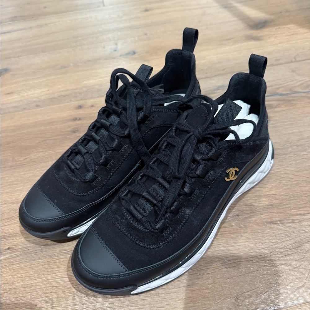 CHANEL Black Suede & Leather Sneakers with Gold CC Accent